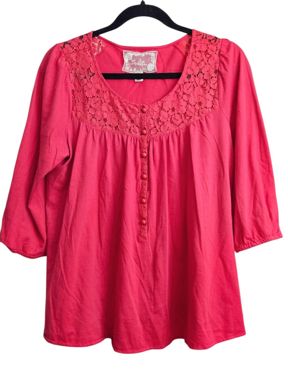 Deletta Pink Lace Yoke Cotton Peasant Top Boho Romantic Cottagecore Blouse Med